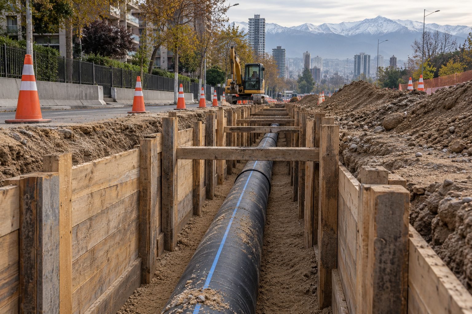 Zanja con tubería HDPE en una calle